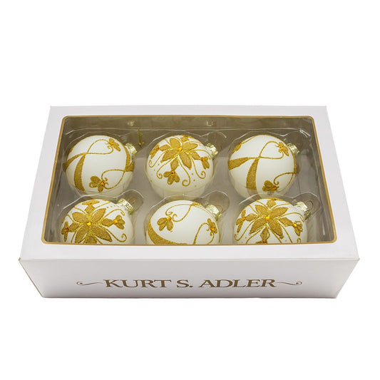 80 mm White Ball Ornaments with Gold Beads, Set of 6 | Kurt Adler