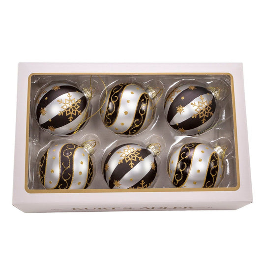 80 mm Silver/Black/Gold Glass Ball Ornaments, Set of 6 | Kurt Adler