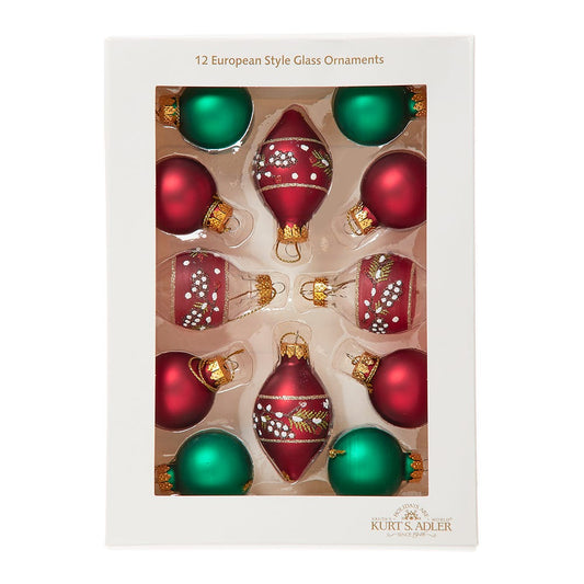 Kurt Adler 35MM Glass Green & Burgundy with Pinecone Ball Ornaments