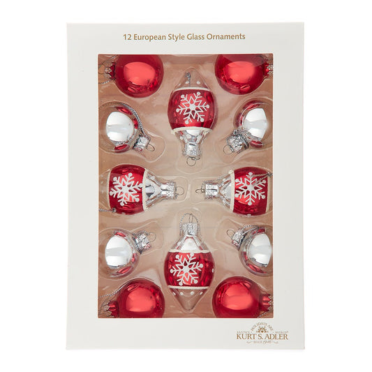 Kurt Adler 35MM Glass Red & Silver with Snowflake Ball Ornaments