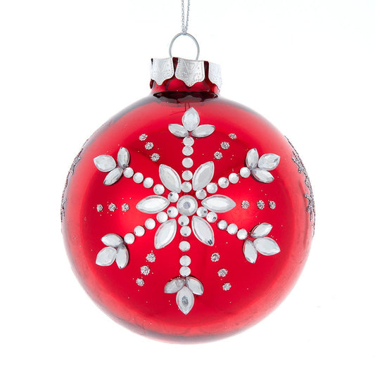 Kurt Adler 80MM Glass Shiny Red with Silver Snowflake Ball Ornaments