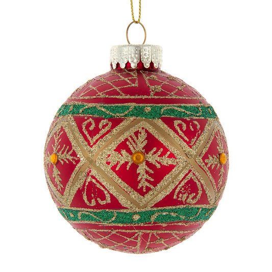 Kurt Adler 80MM Glass Red with Green & Gold Design Ball Ornaments