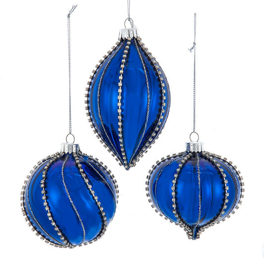 Kurt Adler 80MM Glass Shiny Blue Gemmed Onion, Finial & Ball Ornaments
