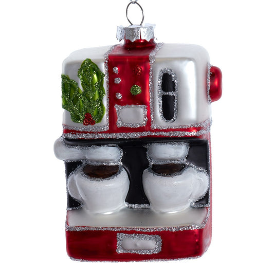 Kurt Adler Glass Red and Silver Cappucino Maker with Holly Ornament