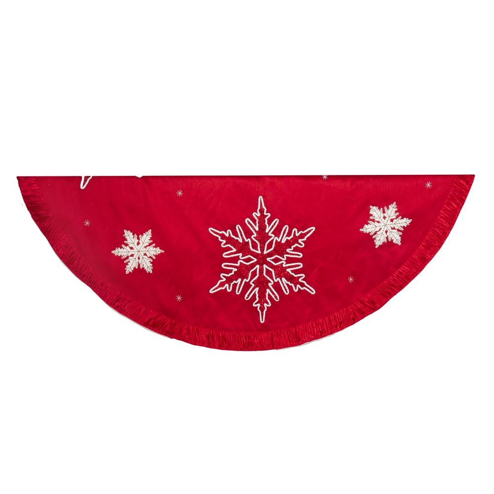 Kurt Adler Snowflake Embroidered and Pleated Tree Skirt, 60-Inch, Red