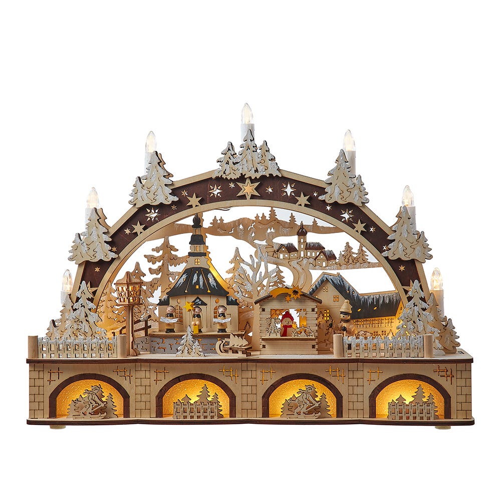 Kurt Adler 17.72-inch Wooden Battery Operated LED Light-Up Christmas Village with Candle