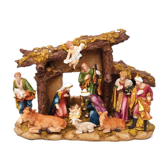 Kurt S. Adler Resin Stable- Kurt Adler Nativity Set with Figures, Brown, 10.38in, 11-Piece