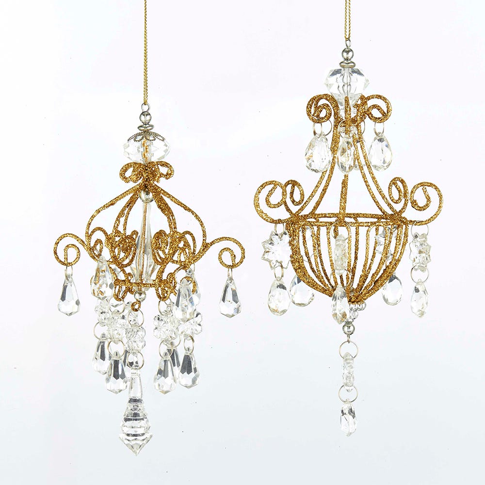 Gold Glitter Chandelier Ornaments, 2 Assorted