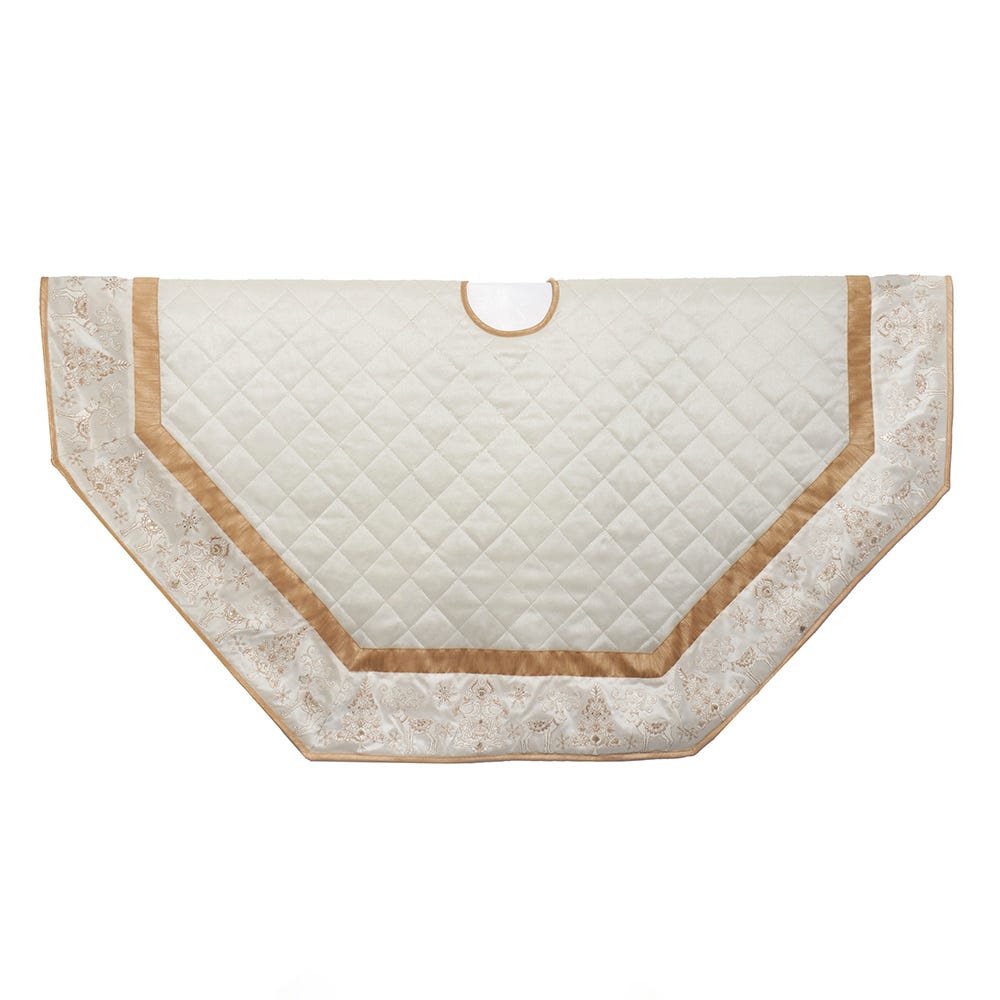 Kurt Adler 60-inch Ivory Dupion with Center Quilting & Embroidered Border Tree Skirt
