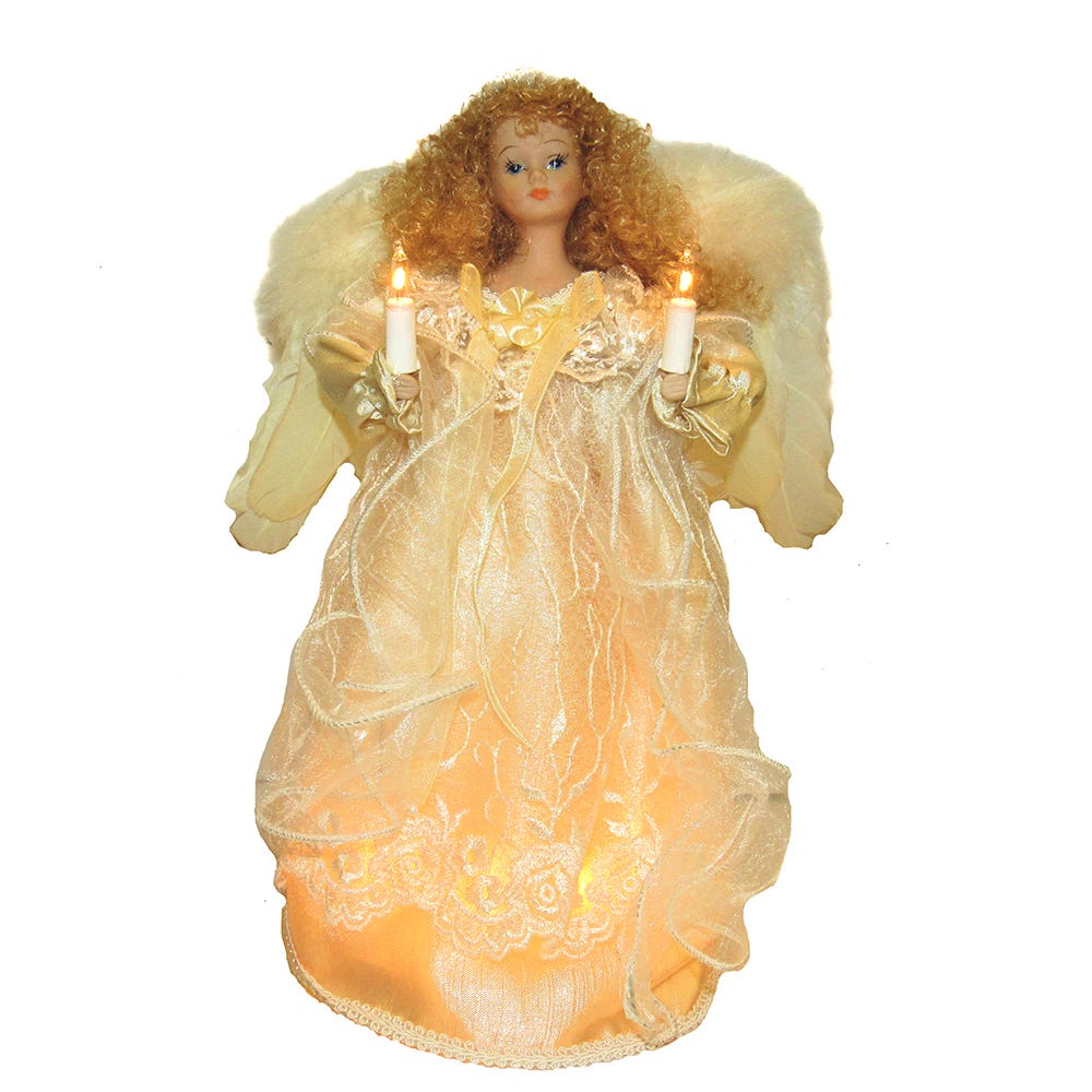Kurt Adler UL 10-Light Angel Christmas Treetop Figurine with Fabric Hair, 12-Inch, Ivory