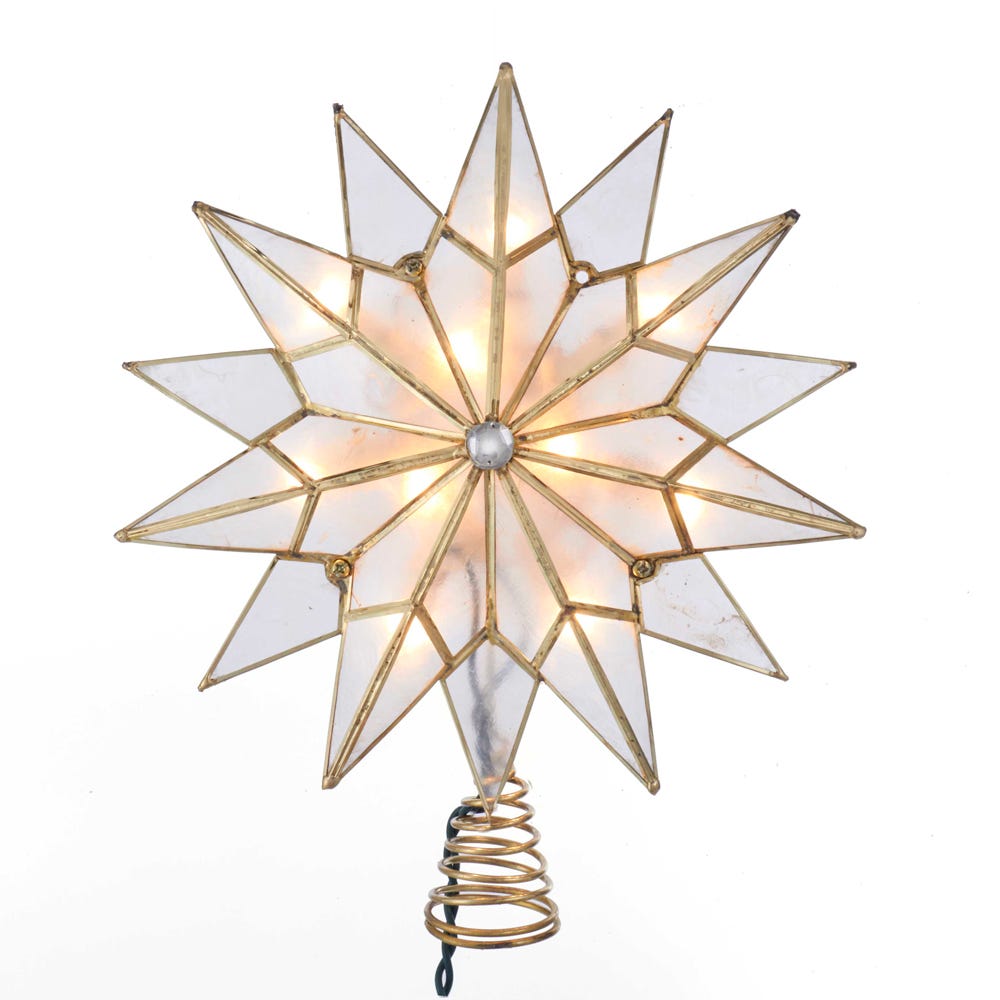 Kurt S. Adler UL3141 9.84" Brass Plated 7-Point Double Tip Capiz Star with Center Gem Tree Topper