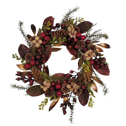 24" Burgundy Rattan Wreath with Berries & Pinecones | Kurt Adler