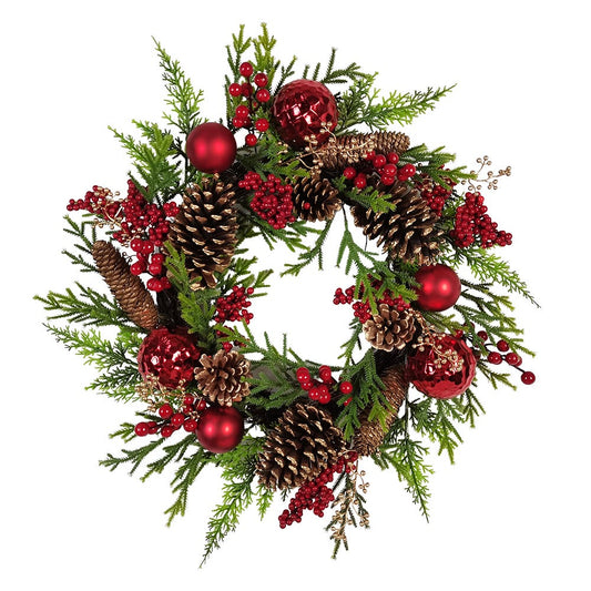 24" Green Rattan Wreath with Red Ornaments & Pinecones | Kurt Adler