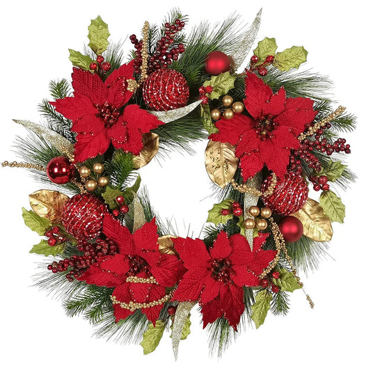 24" Unlit Gold/Red Poinsettia Rattan Wreath | Kurt Adler