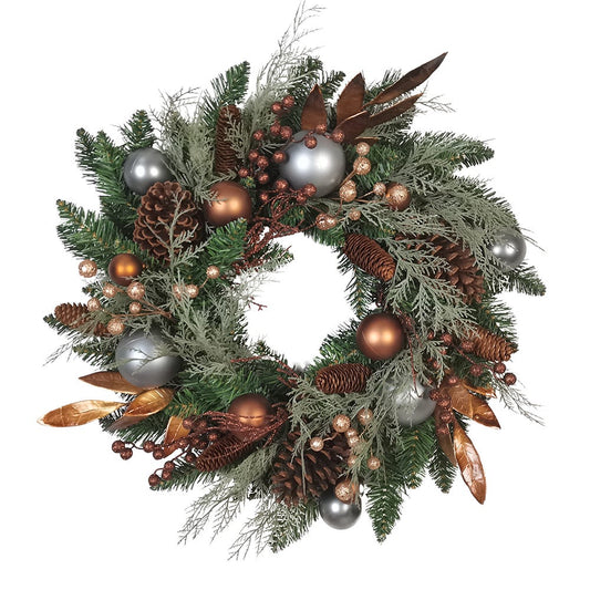 24" Unlit Green Wreath with Copper & Silver Balls | Kurt Adler